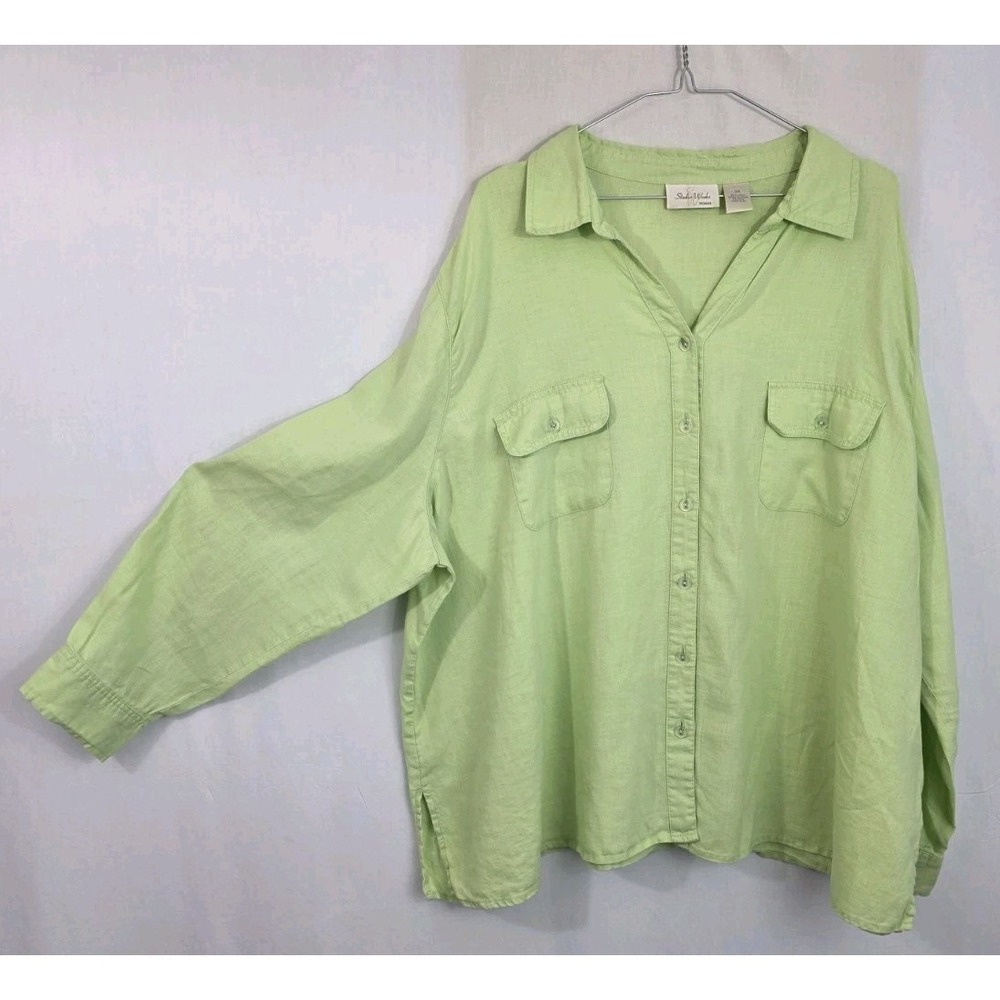 Studio Works Womens 3X 100% Linen Button Up Top Mint Green Spring Preppy Beach